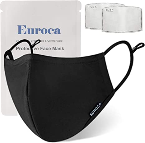 Euroca Face Masks Reusable with Filters Made from Cotton Fabric Washable with Nose Clips Adjustable Ear Loop for Men Women Teens -2 Filters Included (Black)