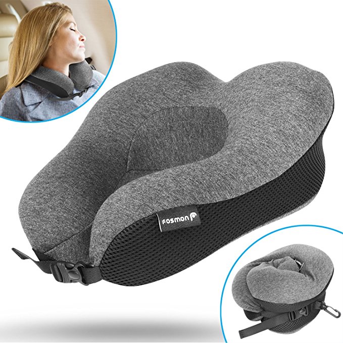 Travel Neck Pillow, Fosmon Soft and Comfortable Memory Foam Neck, Head & Chin Support Travel Pillow, Machine Washable 100% Cotton Cover for Airplane and Car - Dark Gray / Black
