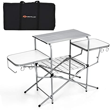 COSTWAY Folding Aluminum Camping Table, Kitchen Work Table with 2 Side Tabletops, Hooks, and Carrying Bag, Indoor Outdoor Garden Lightweight Catering Table for BBQ, Party, Picnic