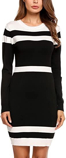 Beyove Women's Colorblock Striped Long Sleeve Cotton Knit Sweater Bodycon Dress