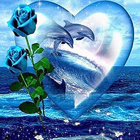 DIY 5D Diamond Painting by Number Kits, Crystal Rhinestone Diamond Embroidery Paintings Pictures Arts Craft for Home Wall Decor, Full Drill Dolphin Love Rose