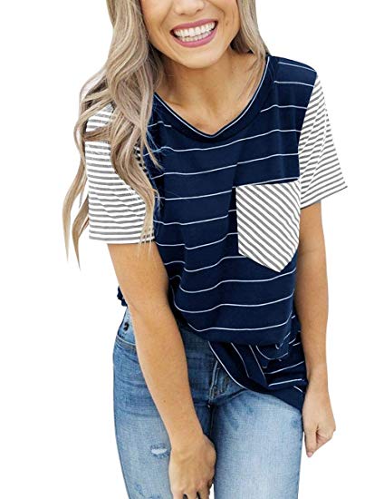 MEROKEETY Women's Summer Striped Short Sleeve Contrast Color Casual T-Shirt Tops with Pocket