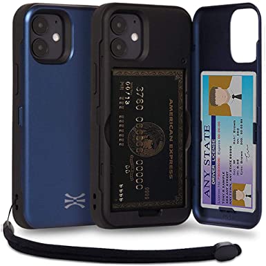 TORU CX PRO Compatible with iPhone 12 Mini Case - Protective Dual Layer Wallet with Hidden Card Holder   ID Card Slot Hard Cover, Strap & Mirror - Navy Blue