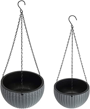 Foraineam 2-Pack Dual-pots Design Hanging Planters Self-Watering Garden Plant Pots Indoor Outdoor Flower Hanging Baskets with Drainer and Hanging Chain, 2 Size Assorted (Silver Gray)