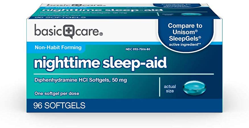 Basic Care Nighttime Sleep-Aid Softgels, Diphenhydramine HCl 50 mg, 96Count