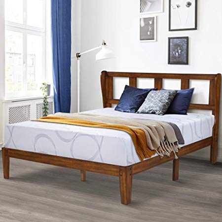 Ecos Living 14 Inch High Rustic Solid Wood Platform Bed Frame with Headboard/No Box Spring/No Squeak, Full