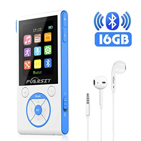 Puersit MP3 Player with Bluetooth 4.0 Hi-Fi 16 GB 50 Hours Lossless Sound FM Radio and Voice Recorder Function Music Player Support Expandable up to 128GB (Blue White)