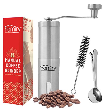 Manual Coffee Bean Grinder By Homiry: Best Portable, Easily Adjustable, Conical Burr Mill for Precision Brewing, Spice and Herbs, Hand Crank Stainless Steel-Free Pouch Bag, Cleaning Brush & Scoop
