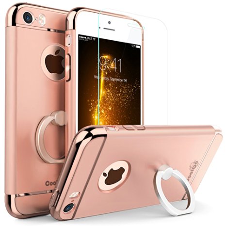iPhone 5S Case, iPhone 5 Case, iPhone SE Case, COOLQO Ultra-thin 3in1 Plastic Hard Cover Skin 360 Degree Rotating Ring Kickstand & [Tempered Glass Screen Protector] for Apple iPhone 5S _Rose Gold