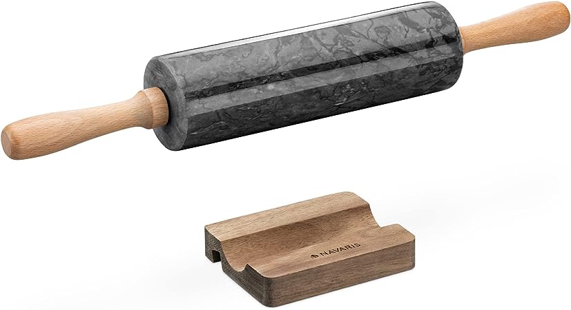 Navaris Marble Rolling Pin and Stand - Set Includes Marble Rolling Pin with Wooden Handles and Stand - for Kitchen, Baking, Dough, Fondant - Black