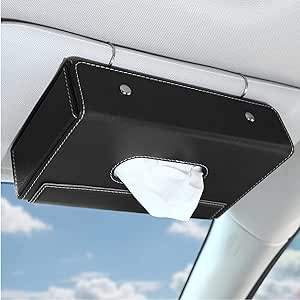 MoKo Car Sun Visor Tissue Box Holder, Premium PU Leather Auto Foldable Hanging Paper Organizer Towel Napkin Pumping Box with Anti-Slip Silicone Pad and Magnetic Buckle for Car Home Office Use, Black