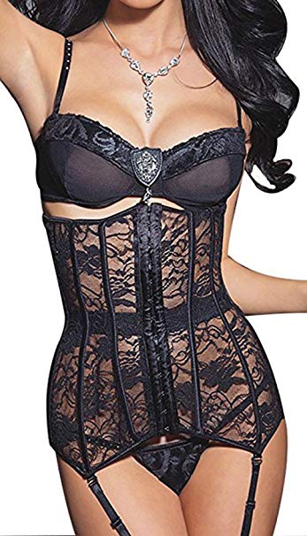 Kiwi-Rata Womens Underbust Mesh Waist Corset Bustier with Suspender Sexy Laced Lingerie