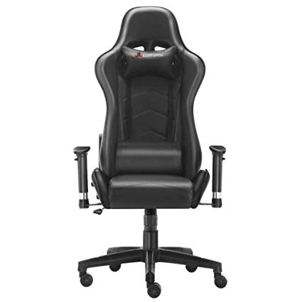 JL Comfurni Gaming Chair Racing Style Ergonomic Swivel Computer Office Chairs Adjustable Height Reclining High-Back with Lumbar Cushion Headrest Leather Chair (S05 - Black)