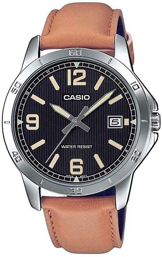 Casio MTP-V004L-1B2 Men's Stainless Steel Brown Leather Band Black Dial Date Watch