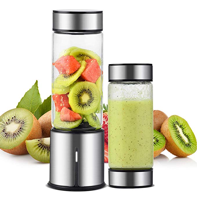 Portable Blender, TTLIFE 2 Cup Cover Personal Juicer Blender with 15oz, 5000mAH USB Rechargeable Cordless Smoothie Glass Blender for Travel, Gym, Picnic, Office, Home, Kitchen (FDA, BPA free)