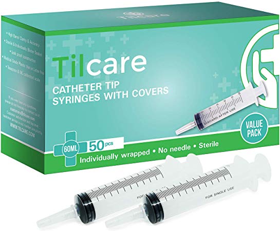 60ml Catheter Tip Syringe with Covers 50 Pack by Tilcare - Sterile Plastic Medicine Food Droppers for Children, Pets or Adults – Latex-Free Oral Medication Dispenser - Large Feeding Tube Syringes