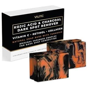 VALITIC Charcoal Kojic Acid Turmeric Black Soap Bar Dark Spot Remover for Body or Face Wash - 4 Pack