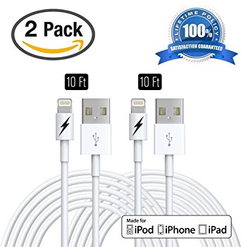 (2 PACK) 10 FT iPhone 6 & 7 Charger Cable - Certified Lightning to USB Charging Cord Connector - Durable & Fast - Zeus Guarantee