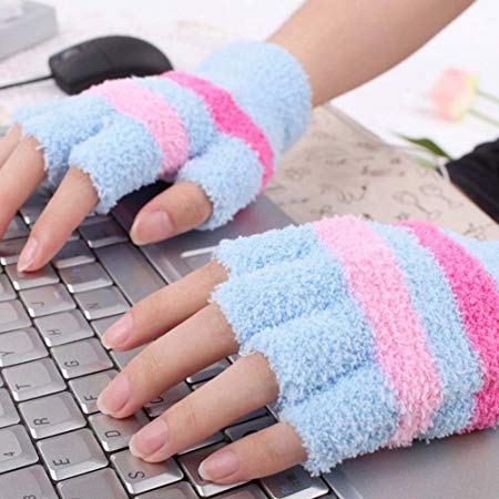 USB Heating Winter Gloves, Iusun Women Hand Warm Gloves Heated Fingerless Warmer Mitten (Blue)