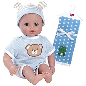 Adora PlayTime Beary Blue Washable Soft Cuddly Body Play Baby Doll with Polka Dot Fleece Blanket Bundle, 13"