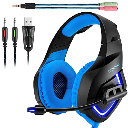 Gaming Headset,ONIKUMA 3.5mm Stereo K1 Ear Headphone with Microphone for xbox one S /xbox360 /PC/PS3/PS4/Mobile Phones/Laptop Computer with LED Lighting (Blue)