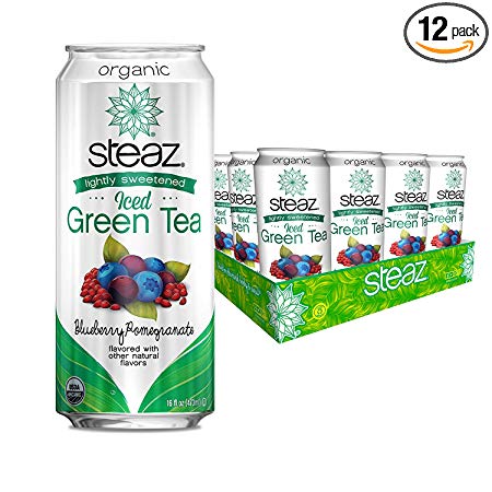 Steaz lightly sweetened Organic Iced Green Tea Blueberry Pomegranate 16 ounce can (Pack of 12)