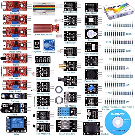 kuman K5-USFor Arduino Raspberry pi Sensor kit, 37 in 1 Robot Projects Starter Kits with Tutorials for Arduino Uno RPi 3 2 Model B B  K5