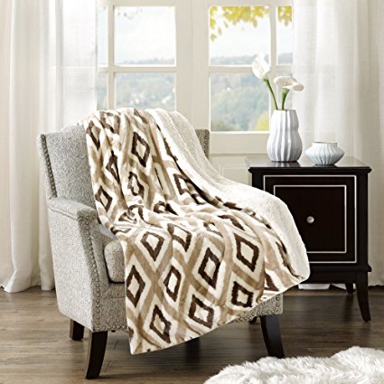 Comfort Spaces - Plush to Sherpa Blanket Throw - 50x60 inches - Ikat - Khaki