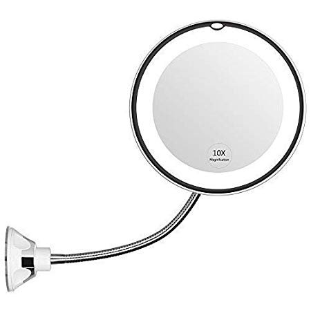 Orange Tech Flexible Gooseneck 6.8" LED Lighted 10x Magnifying Makeup Mirror,Bathroom Vanity Mirror with Strong Suction Cup, Compact Travel Mirror with 360 Degree Swivel,Daylight,Battery Operated