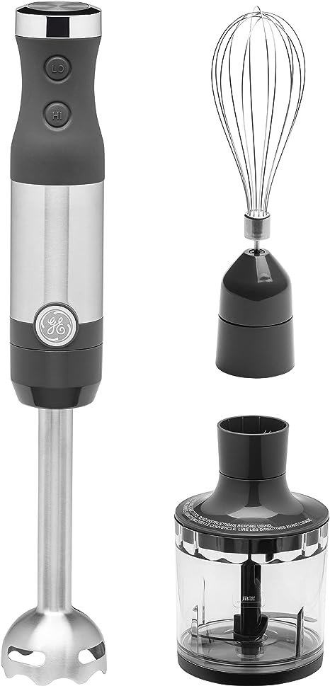 GE Immersion Hand Blender, 500 Watt High-Performance, 3-in-1 with Blend & Chop, Whisk & Chopping Jar Attachments, Dual Speed Immersion for Easy One-Handed Operation, Stainless Steel, G8H1AASSPSS