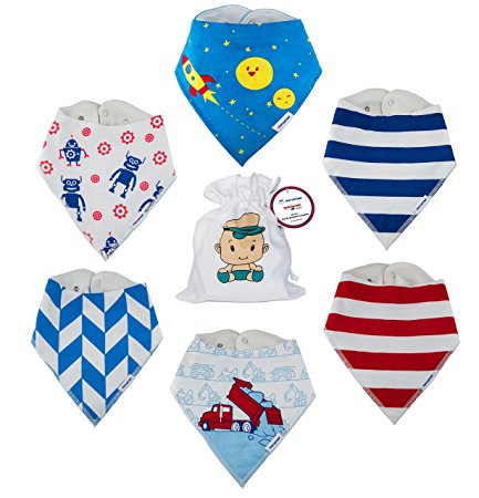 Baby Bandana Drool Bibs For Boys (6 Pack) Premium 3 Layer Leakproof TPU Waterproof Super Absorbent Bib Set |100% Organic Cotton Best Gift for Baby Shower | From Tiny Captain