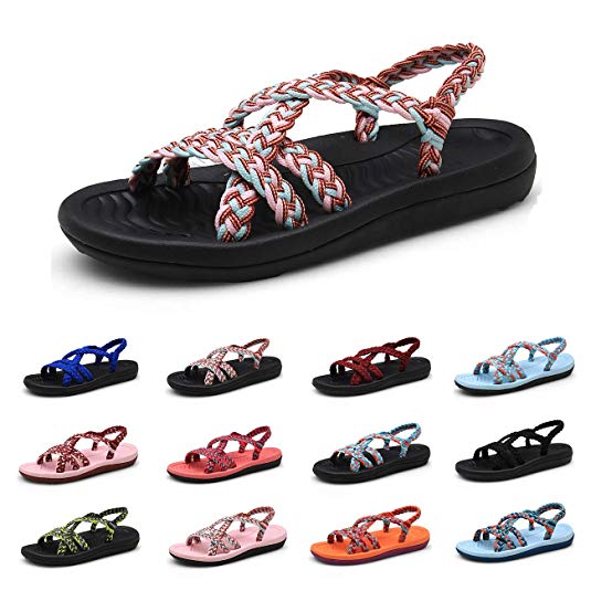MEGNYA Flat Sandals for Women Braided Handmade Strap Arch Support Summer Beach Shoes