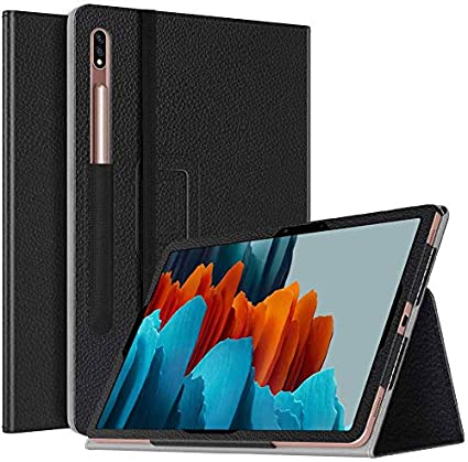 SaharaCase Folio Series Case for Galaxy Tab S7 Plus [Shockproof Bumper] Kickstand Stylus Pen Holder Rugged Protection Anti-Slip Grip Leather - Black