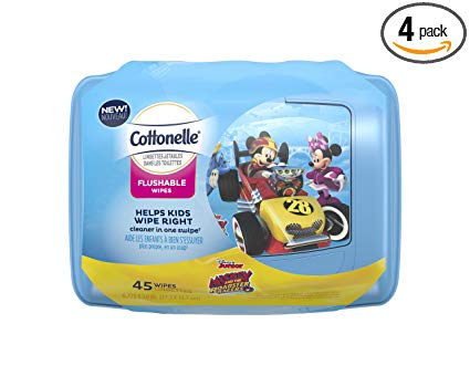 Cottonelle Flushable Wet Wipes for Kids in Disney Packaging, Fragrance Free, 4 Flip-Top Pack, 180 Total Wipes (45 Wipesper Pack)