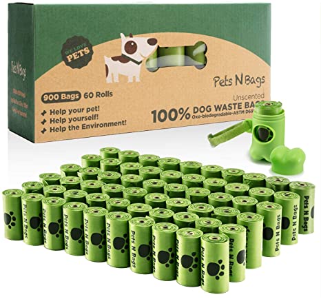 Pets N Bags Dog Waste Poop Bags, Biodegradable, Refill Rolls (60 Rolls / 900 Count, Unscented), Includes Dispenser