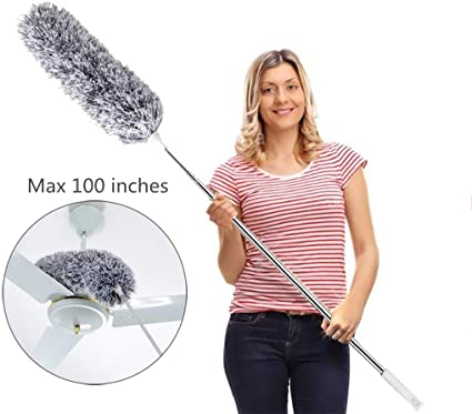 Microfiber Duster with Extension Pole(Stainless Steel), Extra Long 100 inches, with Bendable Head, Extendable Duster for Cleaning Ceiling Fan, High Ceiling, Keyboard, Furniture & Cobweb
