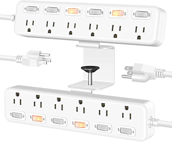 White 2 in 1 Desktop Edge Power Strip 12AC Outlets with Individual Switches,800J,Surge Protection Removable Clamp Power Outlet Socket for Home Office