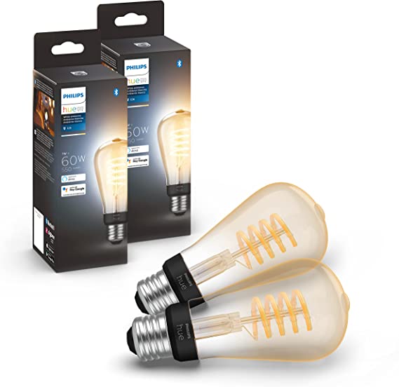 Philips Hue White Ambiance Dimmable Smart Filament ST19, Warm-White to Cool-White LED Vintage Edison Bulb, Bluetooth & Hub Compatible (Hue Hub Optional), Voice Activated with Alexa, 2-Pack