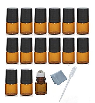 ELFENSTALL 15pcs Mini 1ml Roll on Glass Bottle for Essential Oil - Empty Aromatherapy Perfume Bottles - Refillable Slim Sample Vial with Metal Ball and Black Lid Amber   FREE Dropper