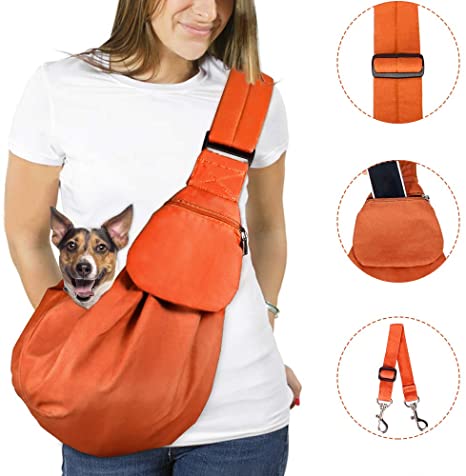 AUTOWT Dog Padded Papoose Sling, Small Pet Sling Carrier Hands Free Carry Adjustable Shoulder Strap Reversible Tote Bag with a Pocket Safety Belt Dog Cat Traveling Subway