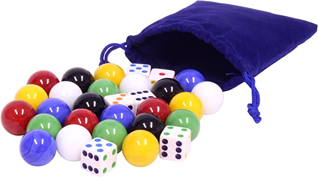 AmishToyBox.com Game Bag of 24 Large Glass 7/8" (22mm Diameter) Marbles and 6 Dice