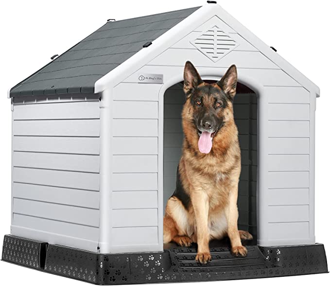 LEMBERI Durable Waterproof Plastic Dog House for Small to Large Sized Dogs, Indoor Outdoor Insulated Doghouse Puppy Shelter with Elevated Floor, Easy to Assemble,Ventilation Design Dog Home