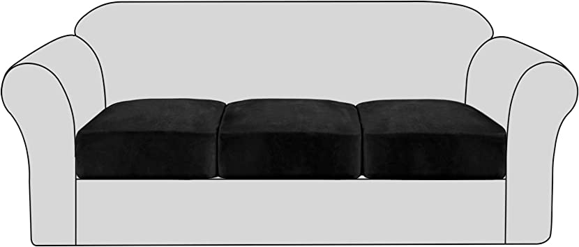 H.VERSAILTEX Velvet Stretch Couch Cushion Cover Plush Cushion Slipcover for Chair Cushion Furniture Protector Seat Cushion Sofa Cover with Elastic Bottom Washable (3 Packs, Black)