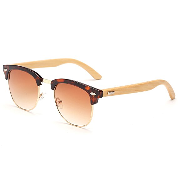 VeBrellen Men's Bamboo Wood Arms Classic Half Frame Sunglasses For Men & Women