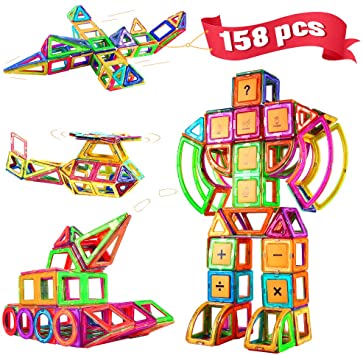 Blusmart BB-158 158pcs Magnetic Building Blocks Educational STEM Building Toy Multicoloured Include Carrying Bag Ferris Wheels and Various Cards for Kids Age 3 4 5 6 7 8