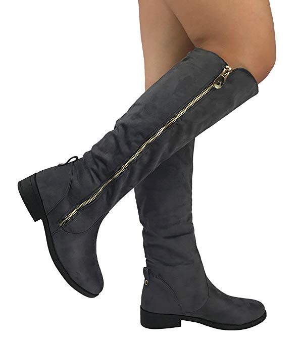 Wells Collection Womens Fiorina Knee High Boots Soft Faux Suede Flat Heel with Side Zipper