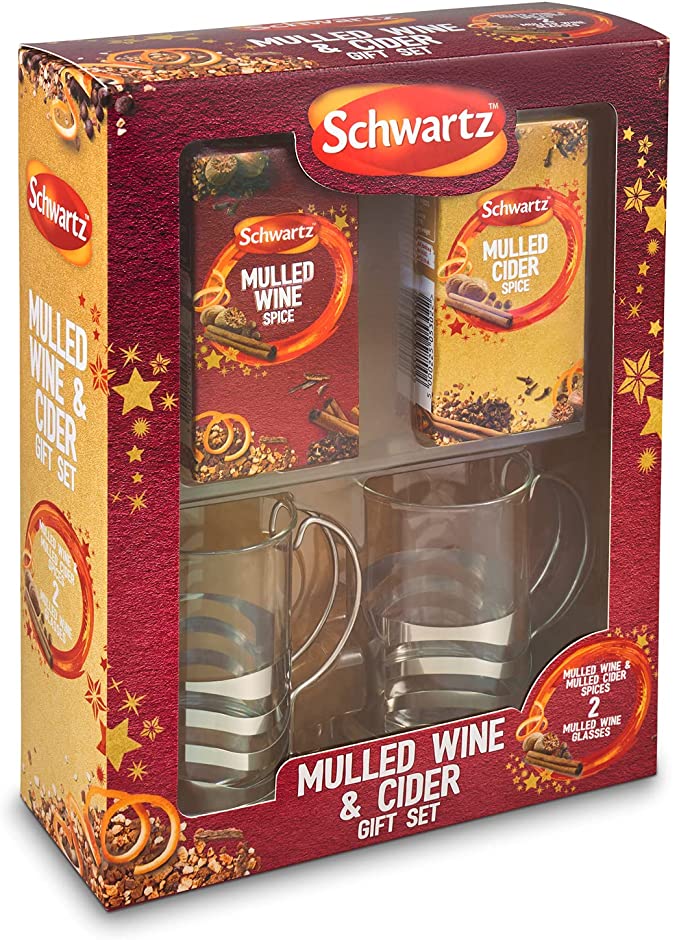Schwartz Mulled Wine and Mulled Cider Spices - Mulled Wine and Cider Sachets and Glasses. Great Christmas Gift Set for The Festive Season.