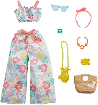 Barbie Storytelling Fashion Pack of Doll Clothes Inspired by Roxy: Matching Floral Top & Pants with 7 Accessories Dolls Including Pineapple Purse, Gift for 3 to 8 Year Olds