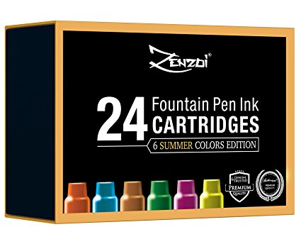 Fountain Pen Writing Set Ink Refill Cartridges - Big Value Pack of 24 - ZenZoi International Standard Size Calligraphy Pens Refilling Cartridge Set Generic Disposable (Ink Cartridges (24 Summer Pack)