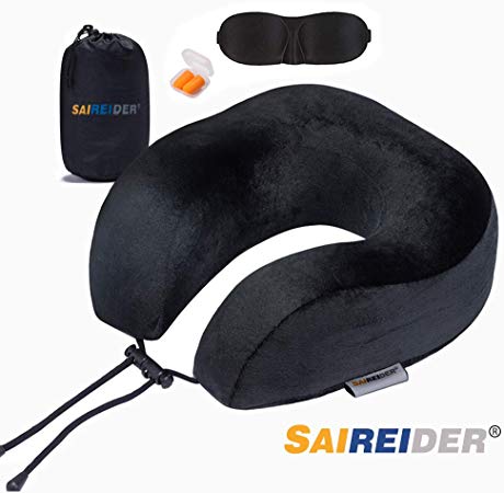 SAIREIDER Travel Neck Pillow for Airplane Sleeping 100% Memory Foam Adjustable Travel Pillows with Storage Bag, Sleep Mask and Earplugs-Prevent The Heads from Falling Forward-Black